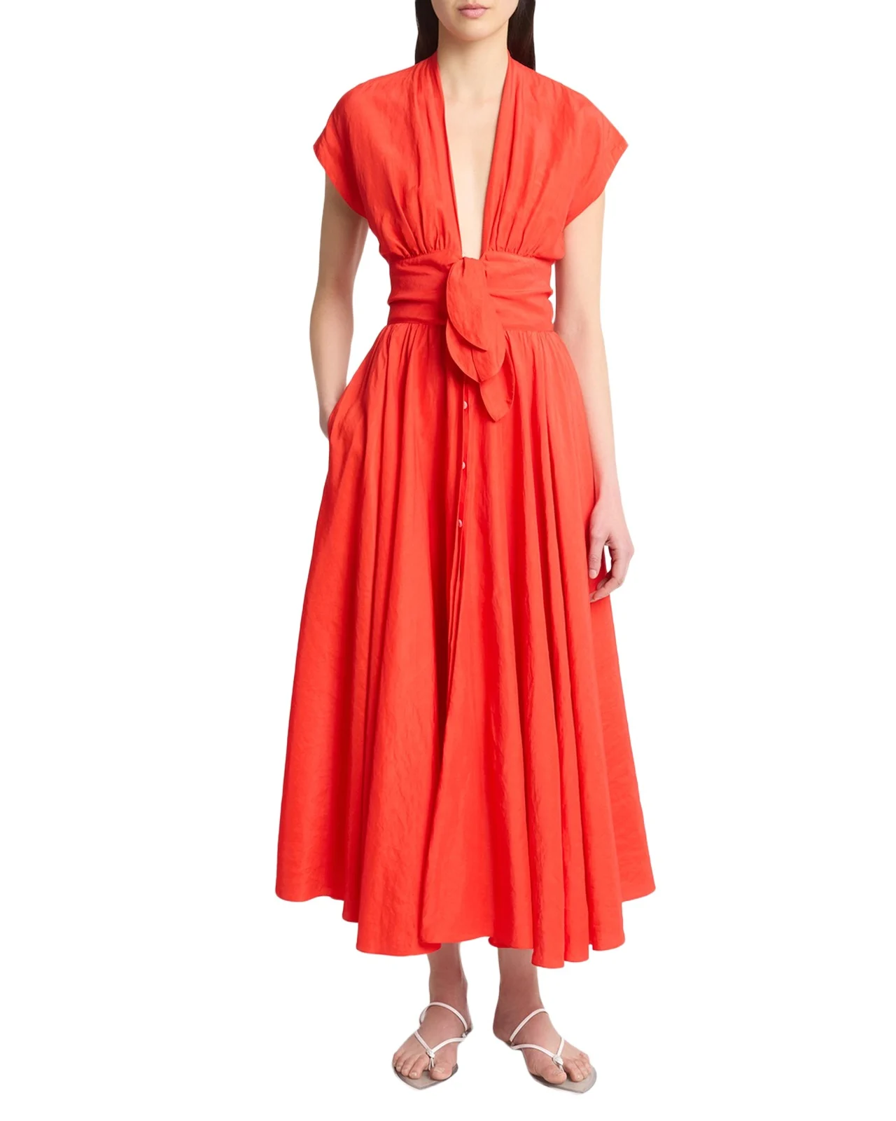 Plunging Belted Linen Midi Dress Plunging Belted Linen Midi Dress