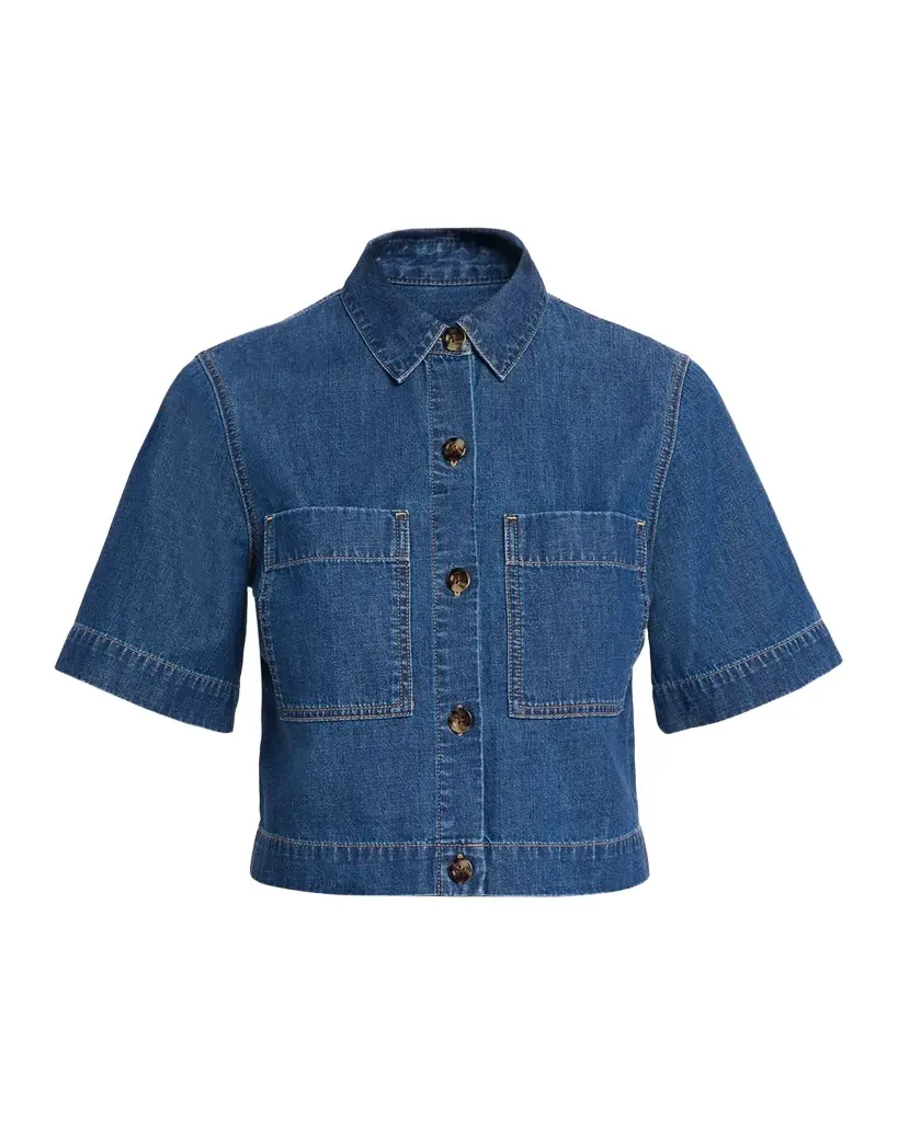 Veronica Beard Spruce Short-Sleeve Denim Top | Image 1 Veronica Beard Spruce Short-Sleeve Denim Top | Image 1