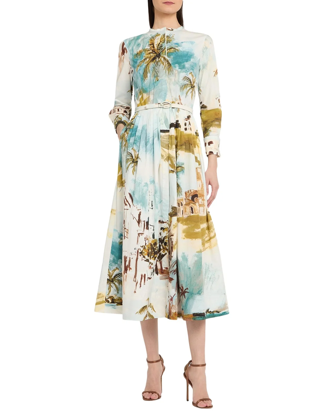 Long-Sleeve Landscape-Print Cotton Poplin Midi Shirtdress With Belt Long-Sleeve Landscape-Print Cotton Poplin Midi Shirtdress With Belt