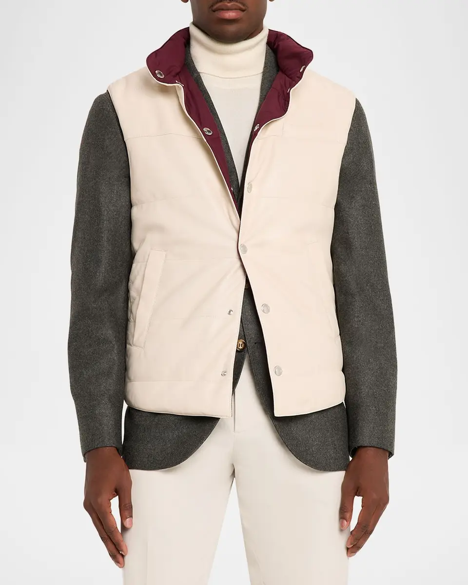 Brunello Cucinelli Men's Reversible Leather and Nylon Quilted Vest | Thumbnail 4 Brunello Cucinelli Men's Reversible Leather and Nylon Quilted Vest | Thumbnail 4