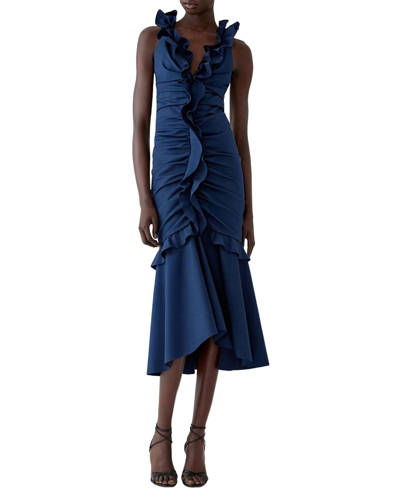 Sleeveless V-Neck Ruched and Ruffled Midi Dress