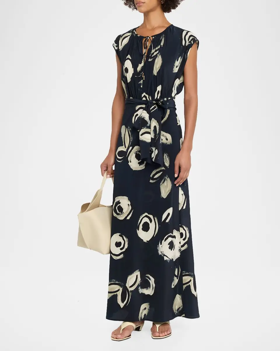 Max Mara Cap-Sleeve Floral-Print Silk Belted Maxi Dress | Thumbnail 3