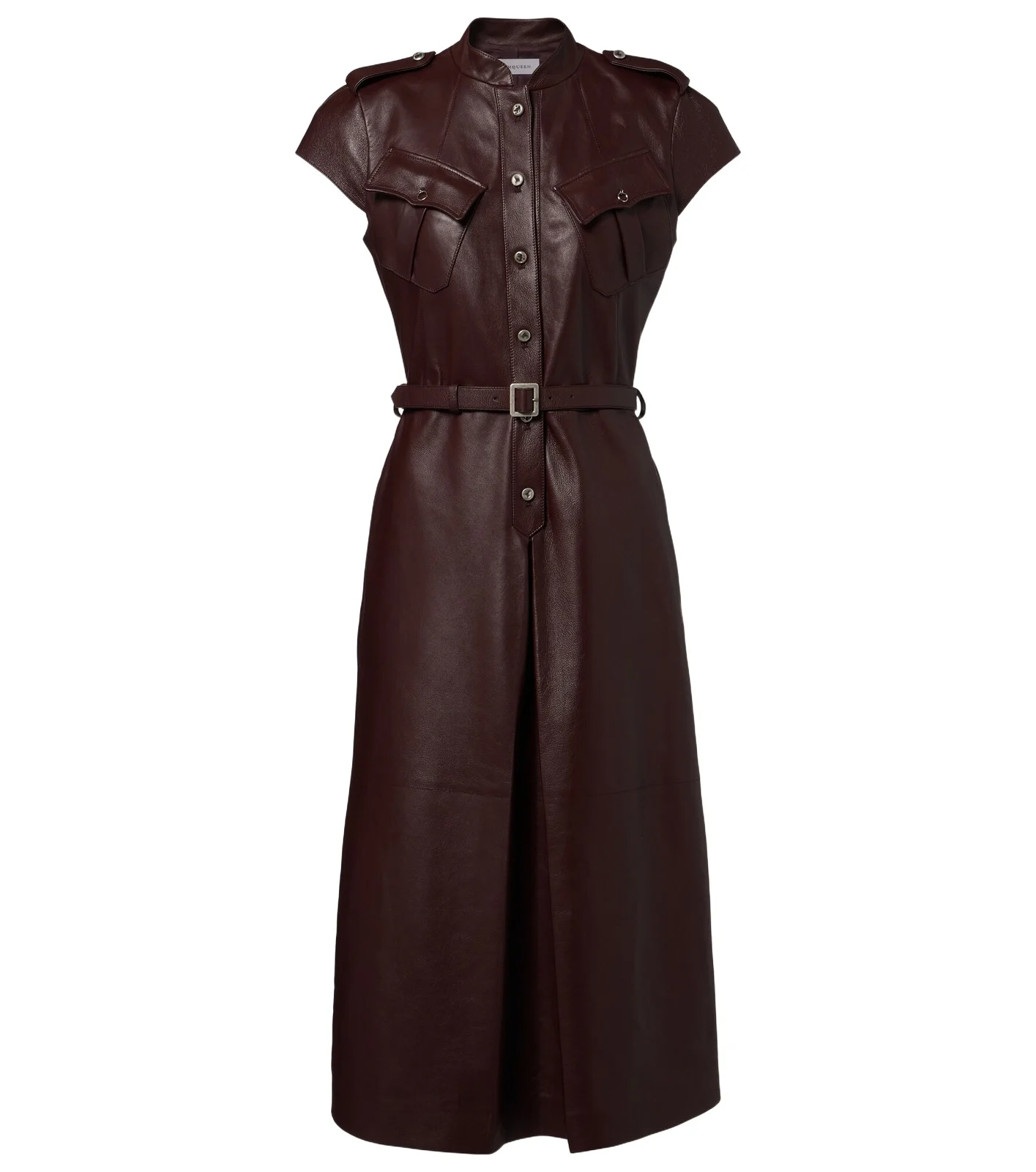 Belted leather midi dress