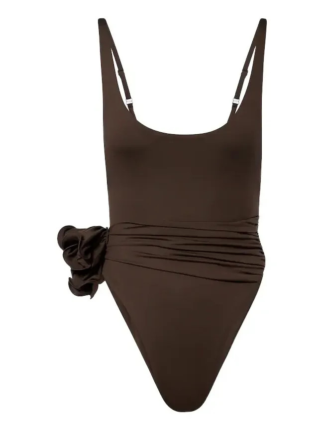 Floral-appliqué draped swimsuit