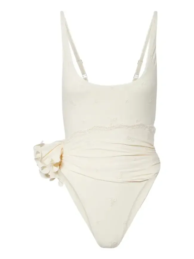 Embroidered floral-appliqué draped swimsuit
