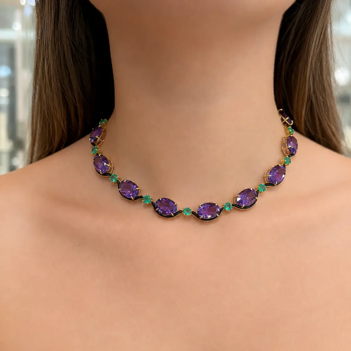 Wish Fine Jewelry 64.42ct Amethyst Emerald Onyx 18K Gold Stationed Necklace | Thumbnail 2 Wish Fine Jewelry 64.42ct Amethyst Emerald Onyx 18K Gold Stationed Necklace | Thumbnail 2