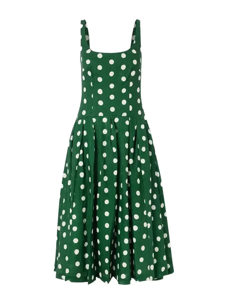 Cara Cara Regio Pleated Polka-dot Linen Midi Dress | Image 1 Cara Cara Regio Pleated Polka-dot Linen Midi Dress | Image 1