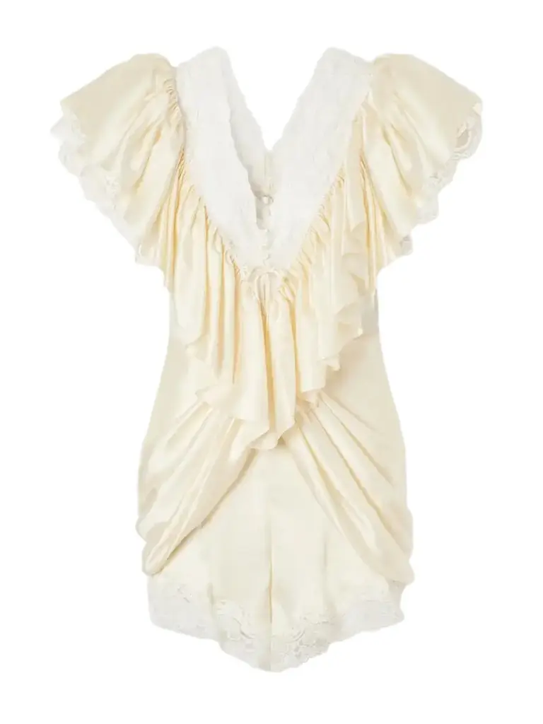 Chloé Ruffled Lace-trimmed Silk-satin Playsuit | Image 1 Chloé Ruffled Lace-trimmed Silk-satin Playsuit | Image 1
