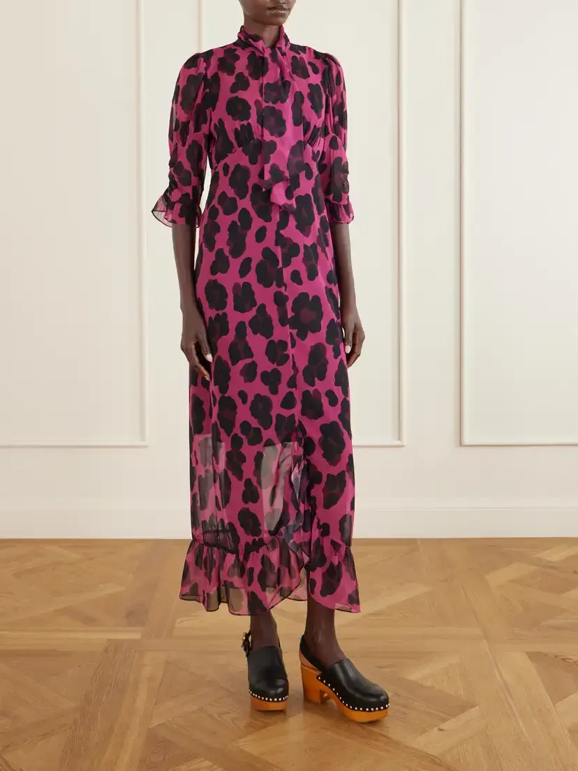 ANNA SUI Tie-detailed Ruffled Animal-print Voile Midi Dress | Thumbnail 3 ANNA SUI Tie-detailed Ruffled Animal-print Voile Midi Dress | Thumbnail 3