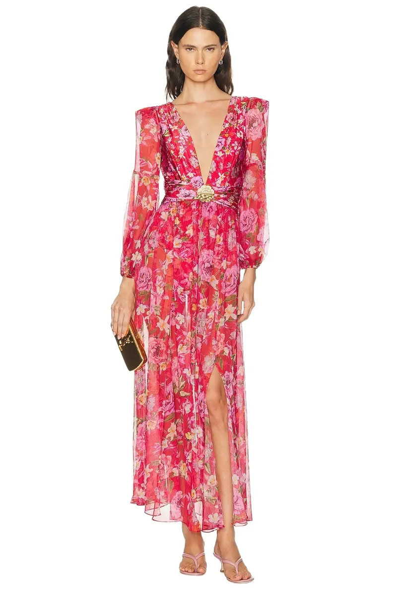Peony Print Plunge Maxi Dress