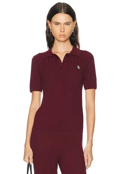 Sporty & Rich Signature Logo Ribbed Polo Top | Image 1 Sporty & Rich Signature Logo Ribbed Polo Top | Image 1