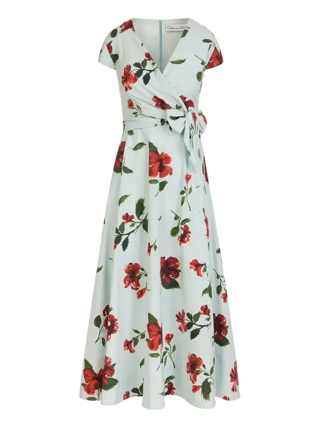 Oscar de la Renta Hibiscus Cotton Poplin Wrap Dress
