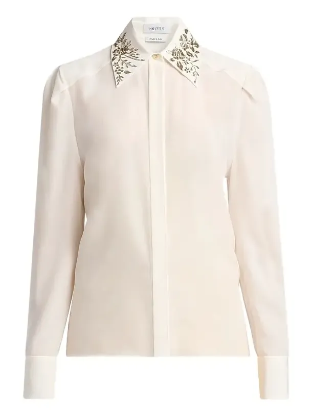 Women's Floral-Embellished Collar Silk Shirt