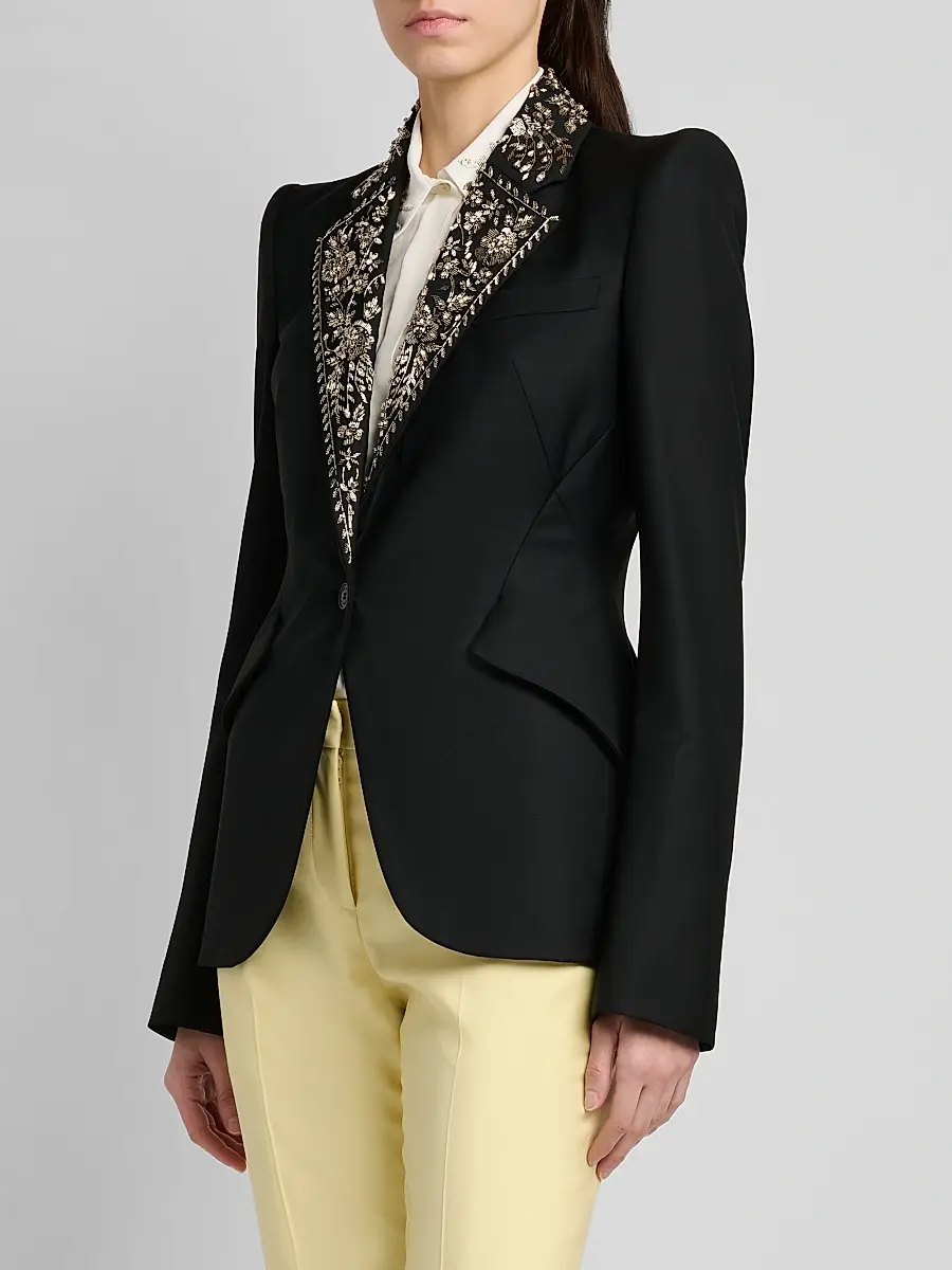 Alexander McQueen Women's Floral-Embellished Wool One-Button Blazer | Thumbnail 4 Alexander McQueen Women's Floral-Embellished Wool One-Button Blazer | Thumbnail 4