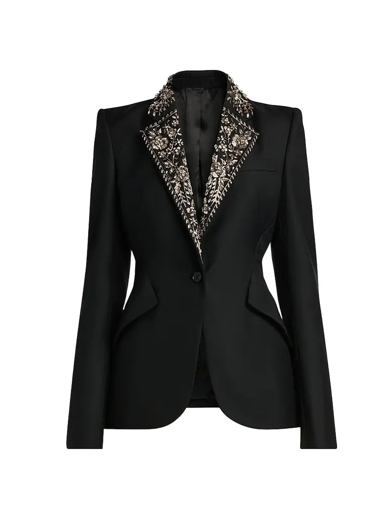 McQueen Women's Floral-Embellished Wool One-Button Blazer - Black | Image 1 McQueen Women's Floral-Embellished Wool One-Button Blazer - Black | Image 1