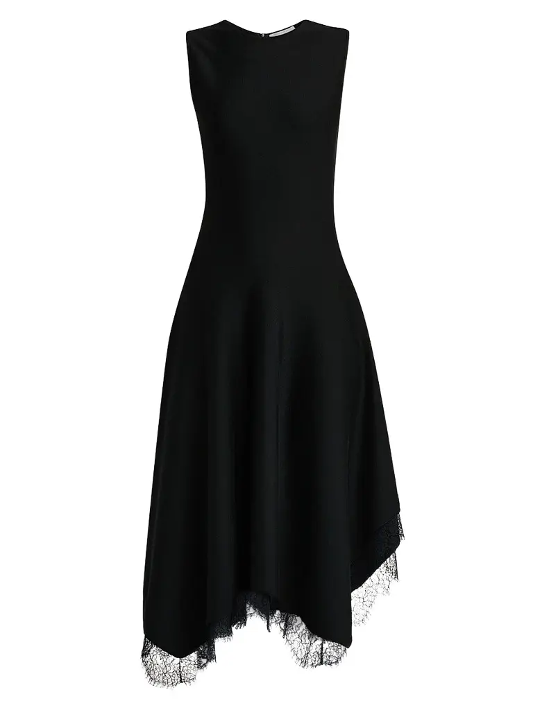 Alexander McQueen Women's Asymmetric Lace-Trim Midi Dress - Black - Size 12 | Image 1 Alexander McQueen Women's Asymmetric Lace-Trim Midi Dress - Black - Size 12 | Image 1