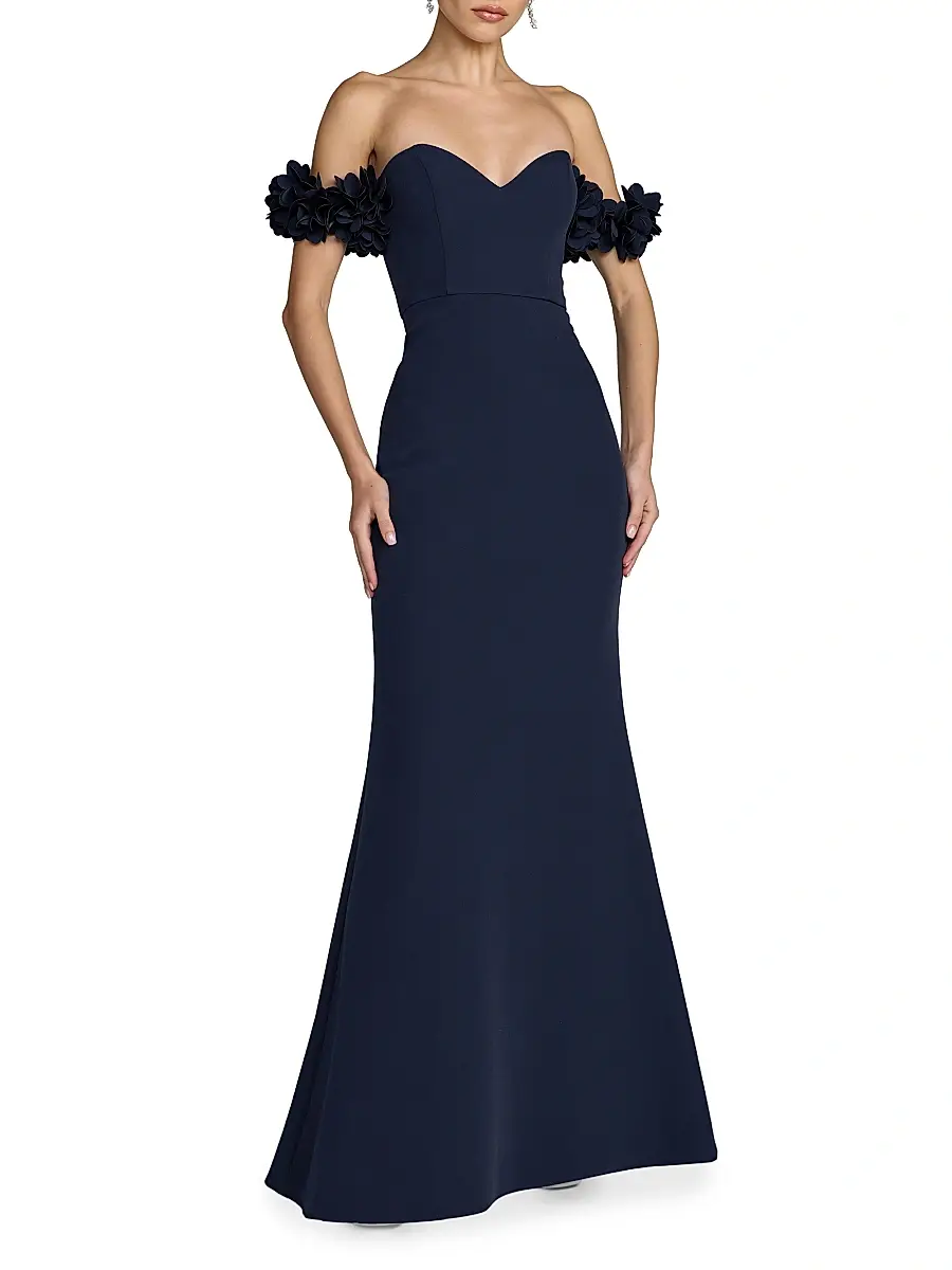 Mac Duggal Women's Petite 3D Floral Crepe Off-the-Shoulder Mermaid Gown - Midnight - Size 12 | Image 1 Mac Duggal Women's Petite 3D Floral Crepe Off-the-Shoulder Mermaid Gown - Midnight - Size 12 | Image 1