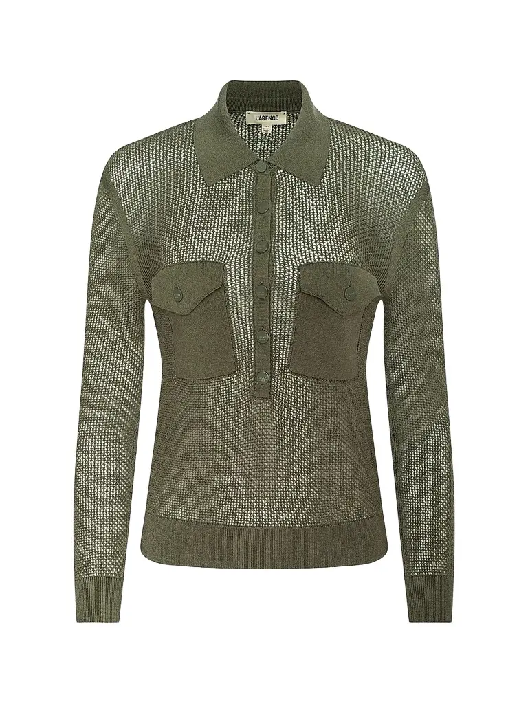 L'Agence Women's Carine Pointelle Spread Collar Sweater - Smokey Olive - Size XL | Image 1 L'Agence Women's Carine Pointelle Spread Collar Sweater - Smokey Olive - Size XL | Image 1