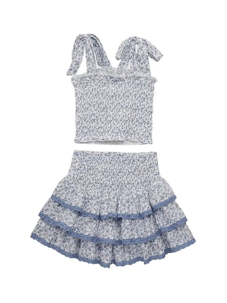 KatieJ NYC Girl's Floral Cotton Top & Skirt Set - Baby Blue White | Image 1 KatieJ NYC Girl's Floral Cotton Top & Skirt Set - Baby Blue White | Image 1
