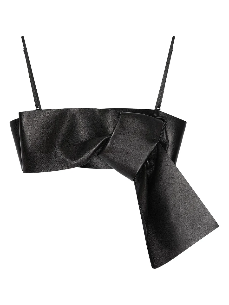 Women's Bra Top in Leather with Bow - Black