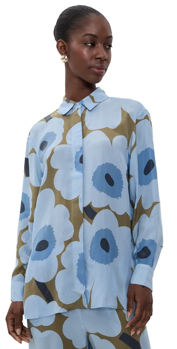 Marimekko Jarki Unikko Button Down Shirt Light Blue/Olive Green | Image 1 Marimekko Jarki Unikko Button Down Shirt Light Blue/Olive Green | Image 1