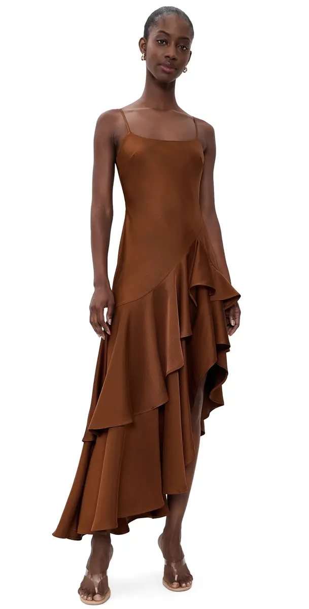 susana monaco Satin Double Ruffle High Low Dress | Image 1 susana monaco Satin Double Ruffle High Low Dress | Image 1
