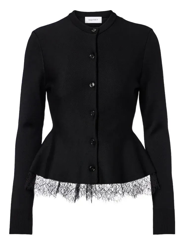 Lace-trimmed peplum cardigan Lace-trimmed peplum cardigan