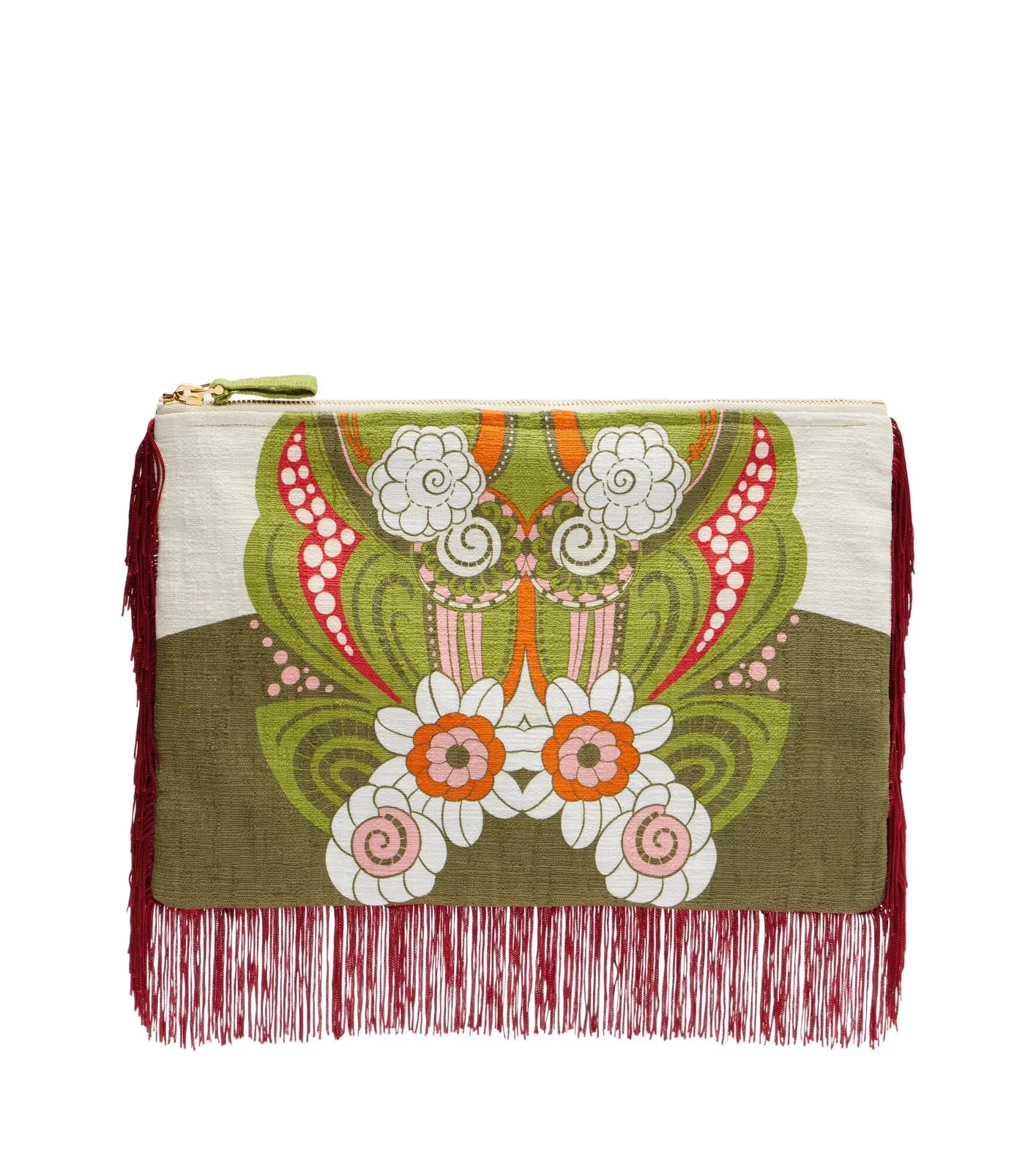 Fringed printed cotton canvas pouch