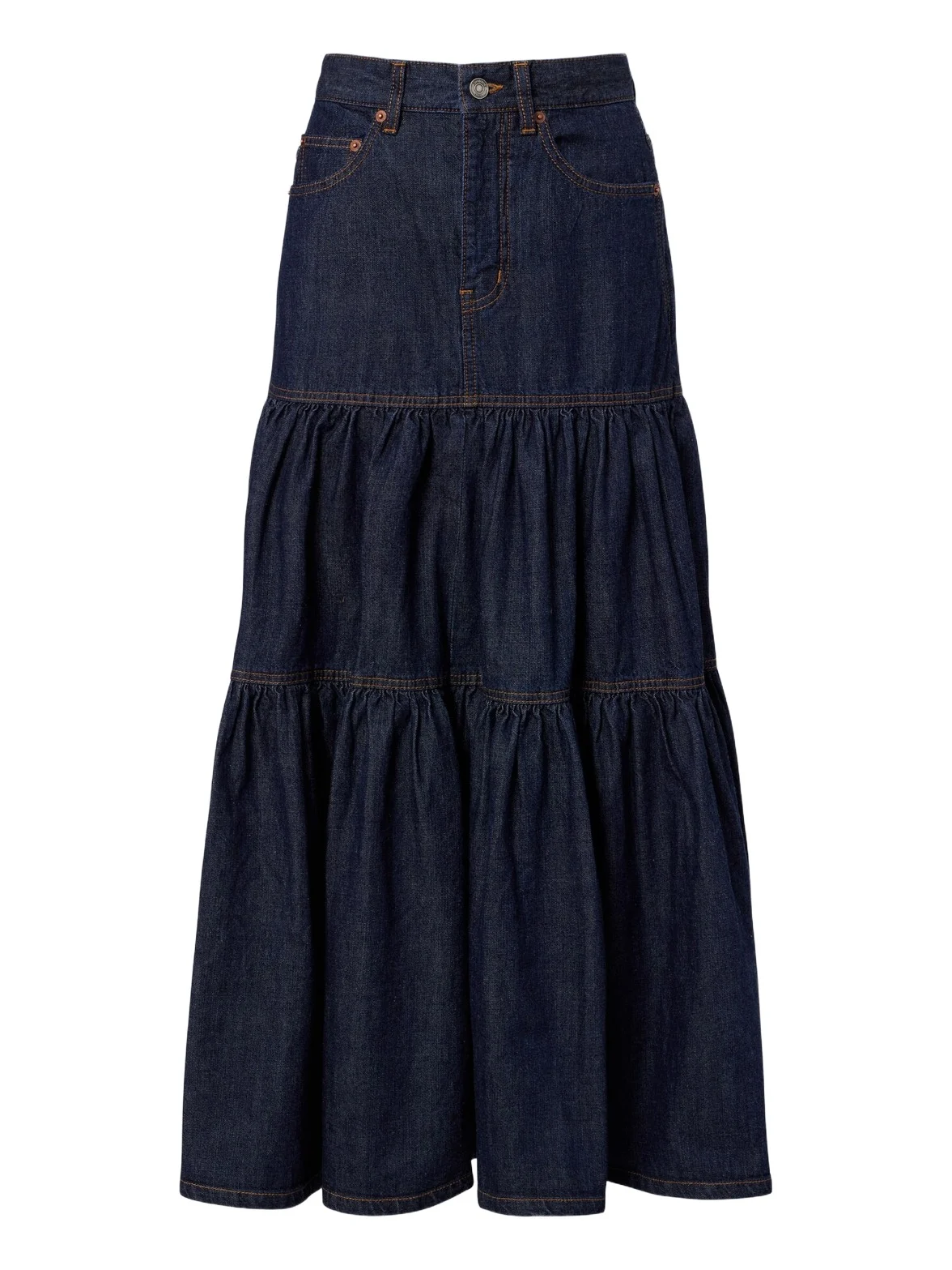 Saint Laurent Tiered denim maxi skirt
