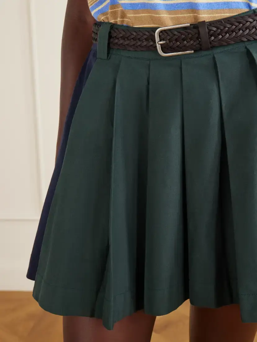 Sea Odessa Belted Pleated Leather-trimmed Cotton-poplin Mini Skirt | Thumbnail 4