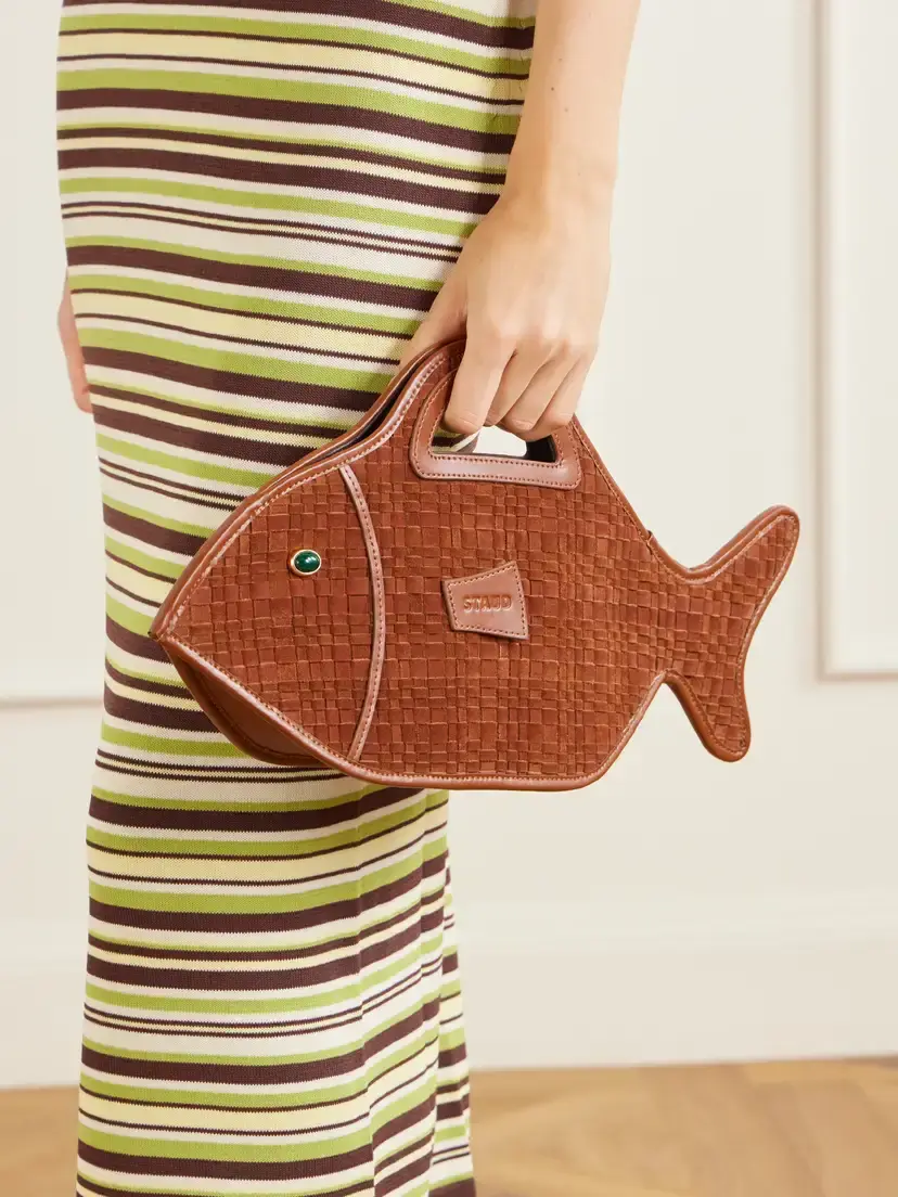 Staud Cleo Logo-debossed Leather-trimmed Woven Suede Tote | Thumbnail 3