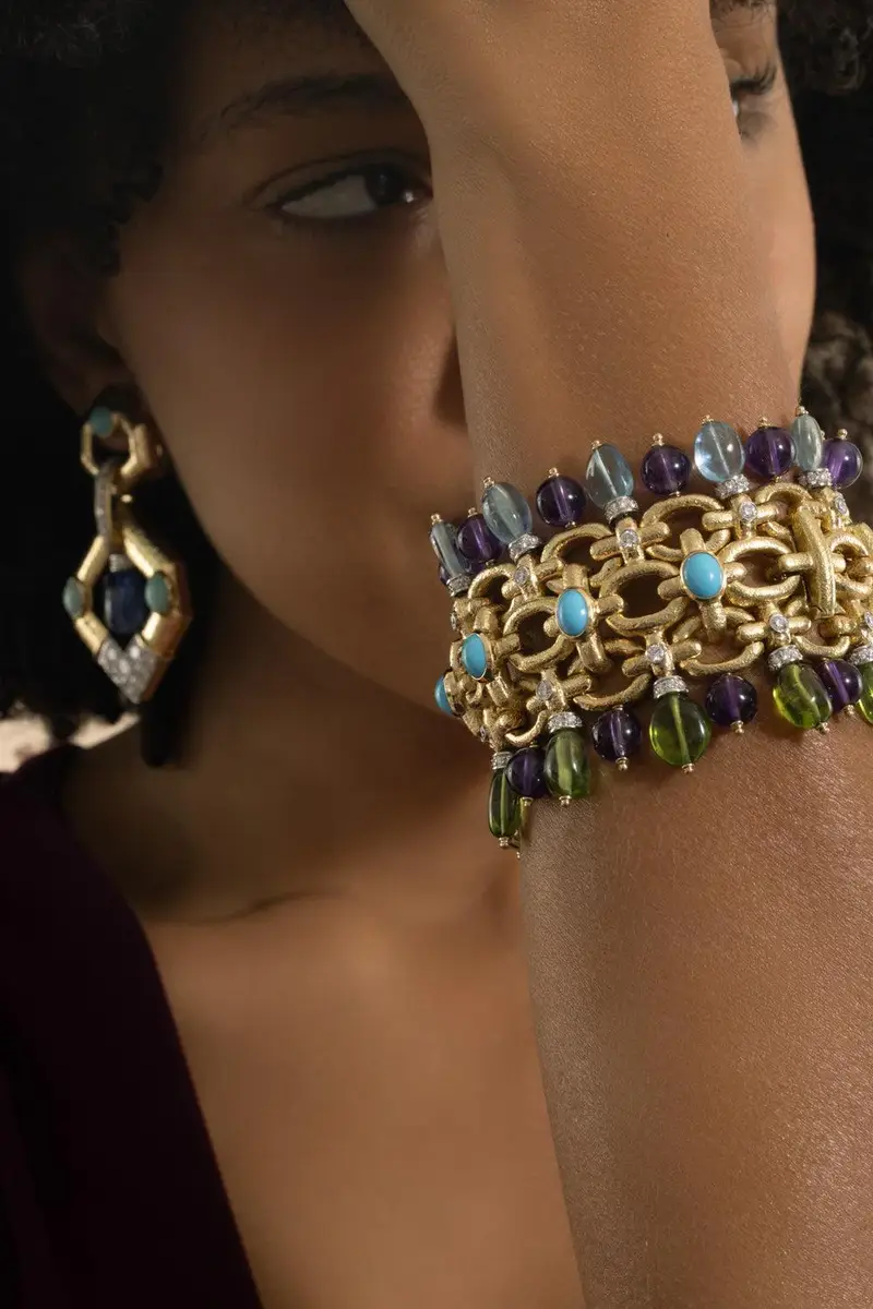 DAVID WEBB Aquamarine Peridot Diamond Brocade Bracelet | Thumbnail 3 DAVID WEBB Aquamarine Peridot Diamond Brocade Bracelet | Thumbnail 3