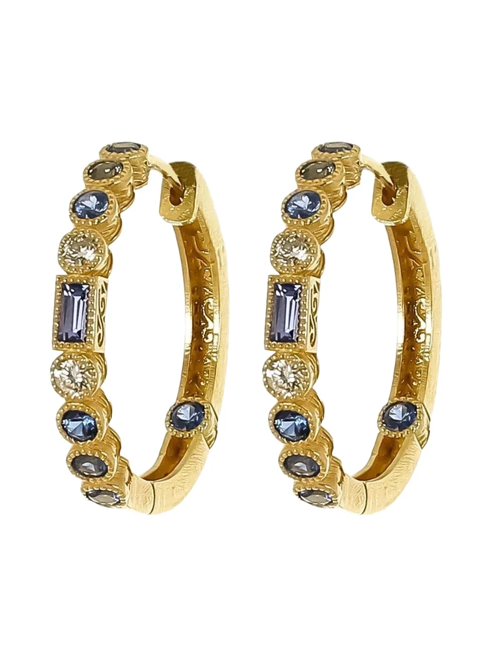 Blue Sapphire Modern Etruscan Bezel Hoop Earrings Blue Sapphire Modern Etruscan Bezel Hoop Earrings