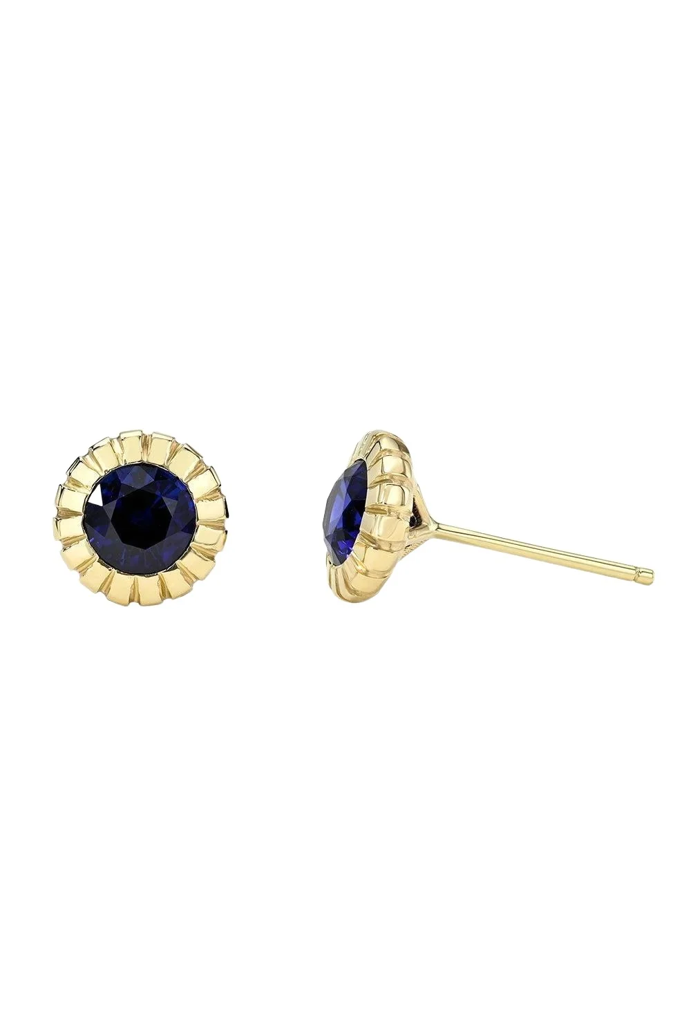 Retrouvaí Blue Sapphire Round Bezel Heirloom Stud Earrings