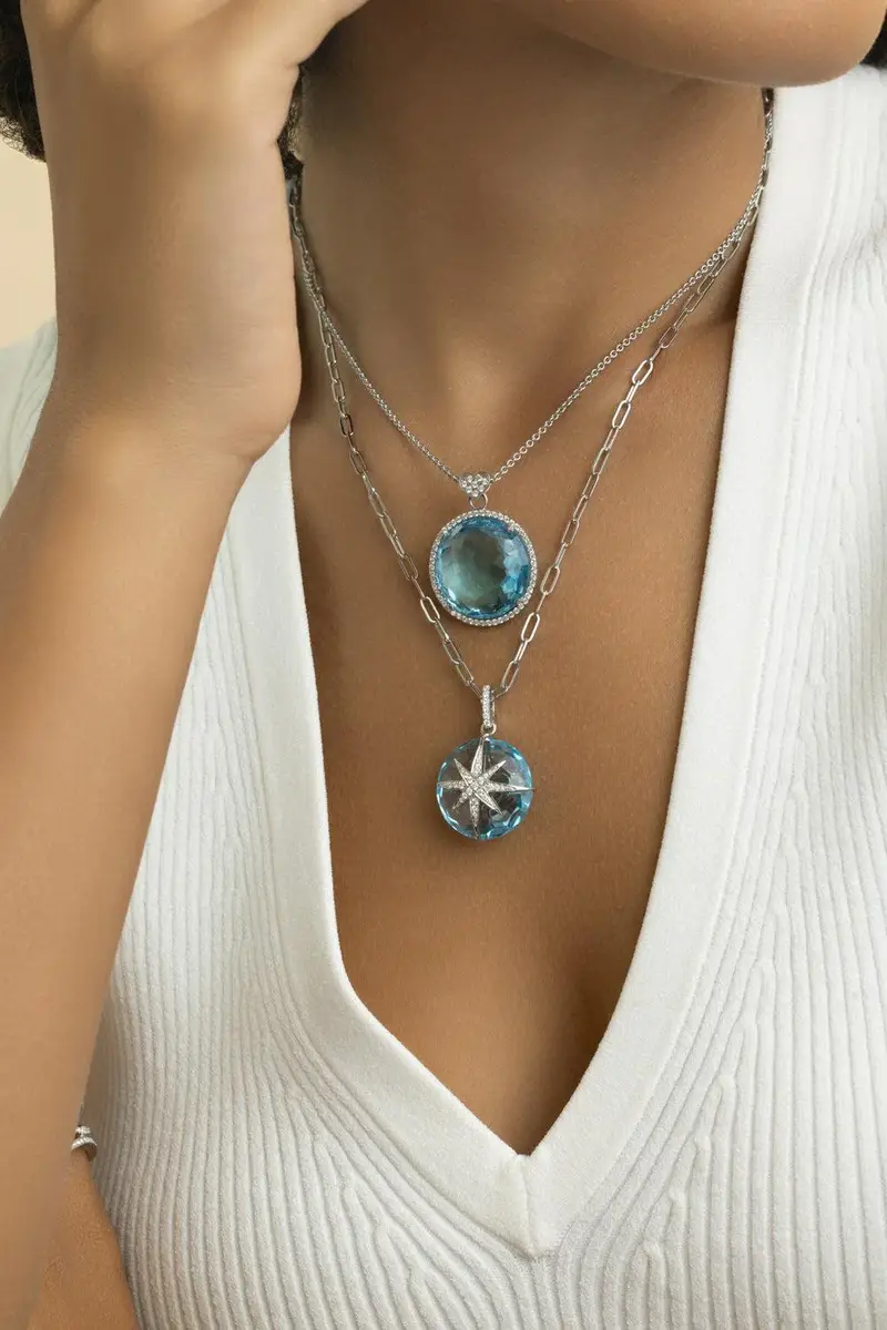 LISA NIK Blue Topaz Diamond Round Pendant Necklace | Thumbnail 3