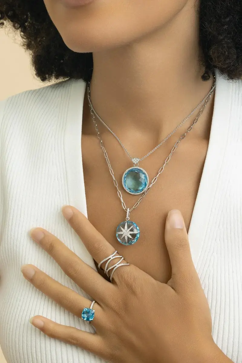 LISA NIK Blue Topaz Diamond Round Pendant Necklace | Thumbnail 4