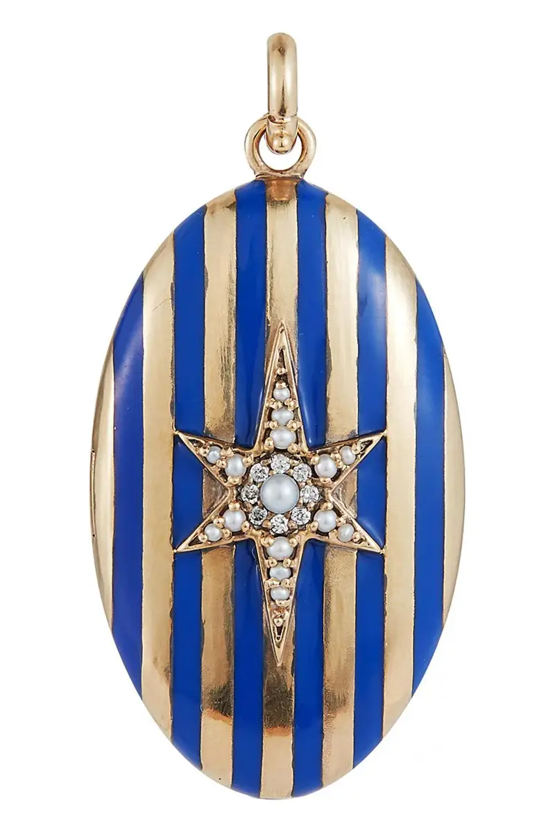 Storrow Diamond Pearl Blue Enamel Striped Lillian Locket | Image 1 Storrow Diamond Pearl Blue Enamel Striped Lillian Locket | Image 1
