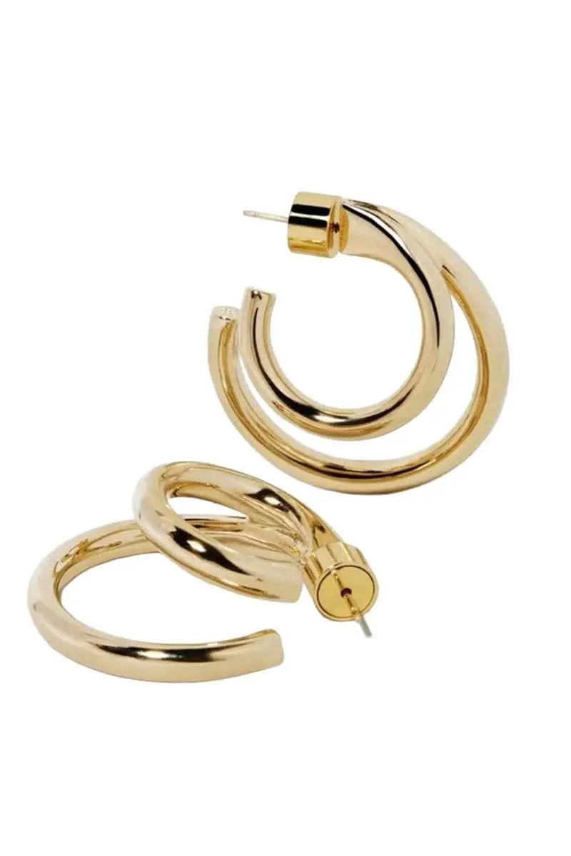 Jennifer Fisher Double Lilly Mini Hoop Earrings - Yellow Gold - 1in | Image 1 Jennifer Fisher Double Lilly Mini Hoop Earrings - Yellow Gold - 1in | Image 1
