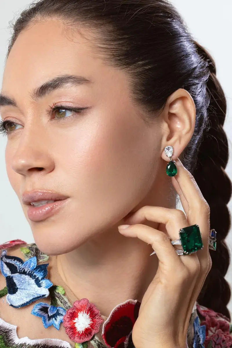 FANTASIA by DESERIO Emerald Double Pear Drop Earrings | Thumbnail 2
