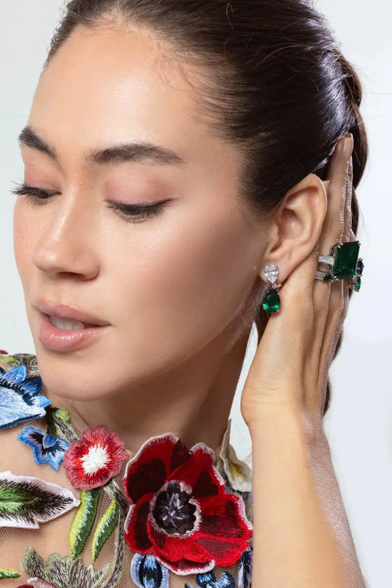 FANTASIA by DESERIO Emerald Double Pear Drop Earrings | Thumbnail 4