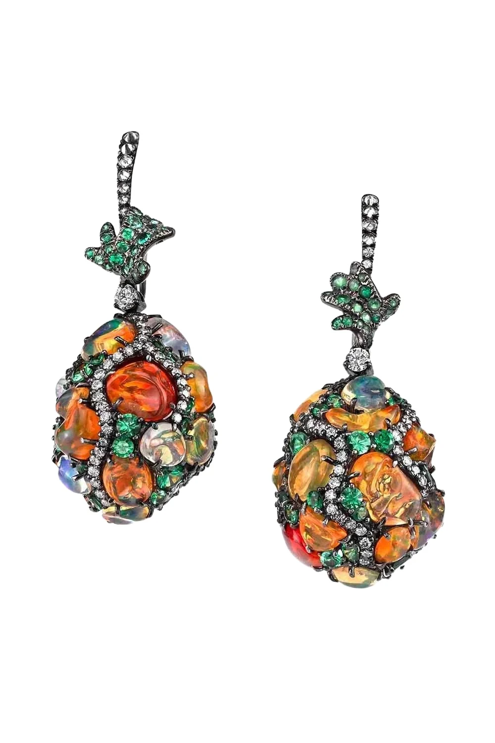 Fire Opal Tsavorite Diamond Egg Earrings