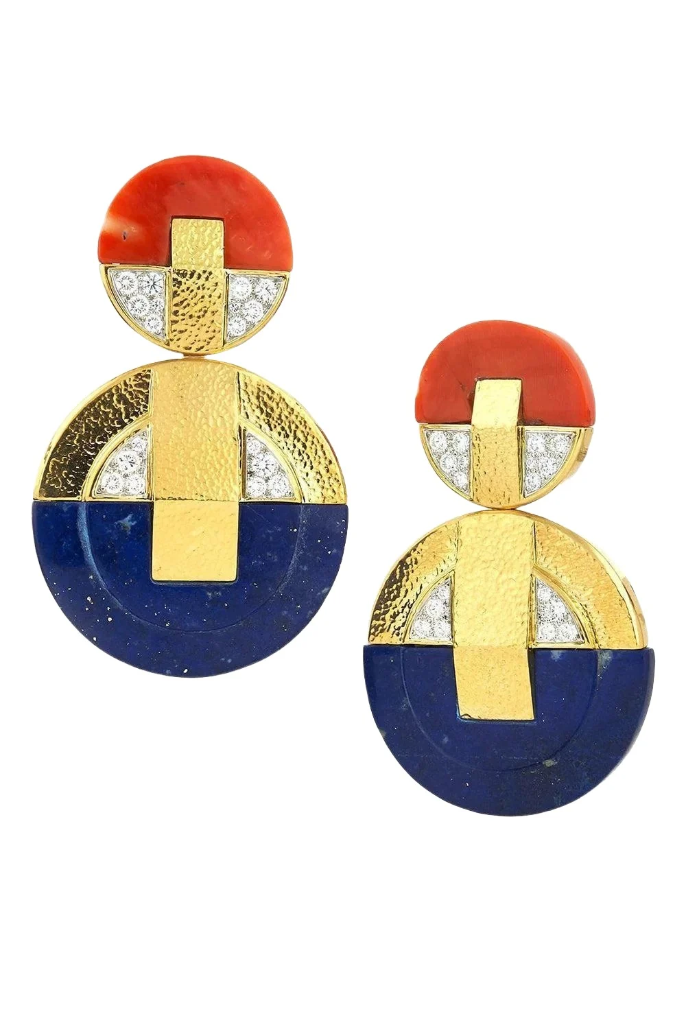 DAVID WEBB Lapis Coral Diamond Hammered Discus Earrings