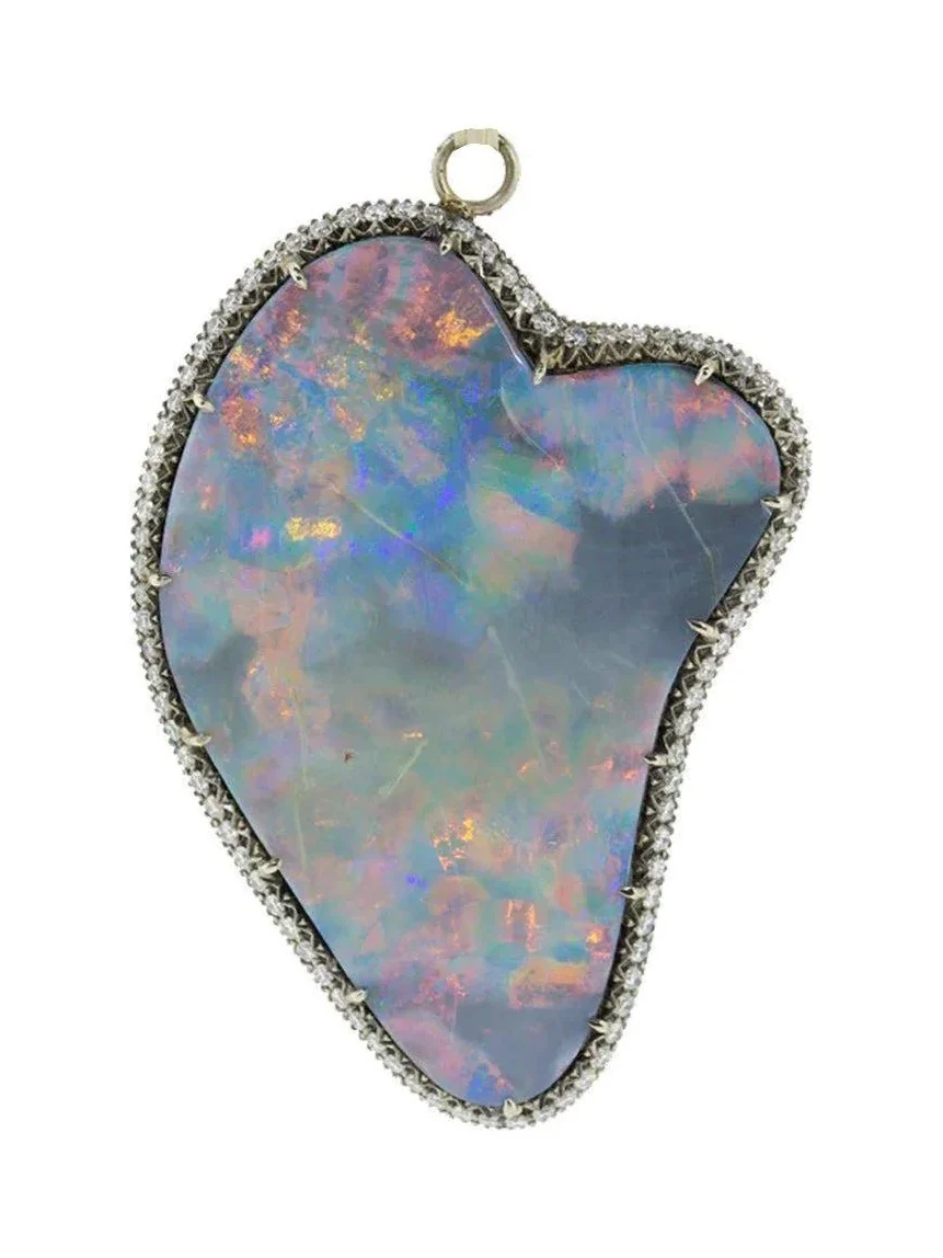 Sylva & Cie Large Opal Round Brilliant Cut Diamond Pendant