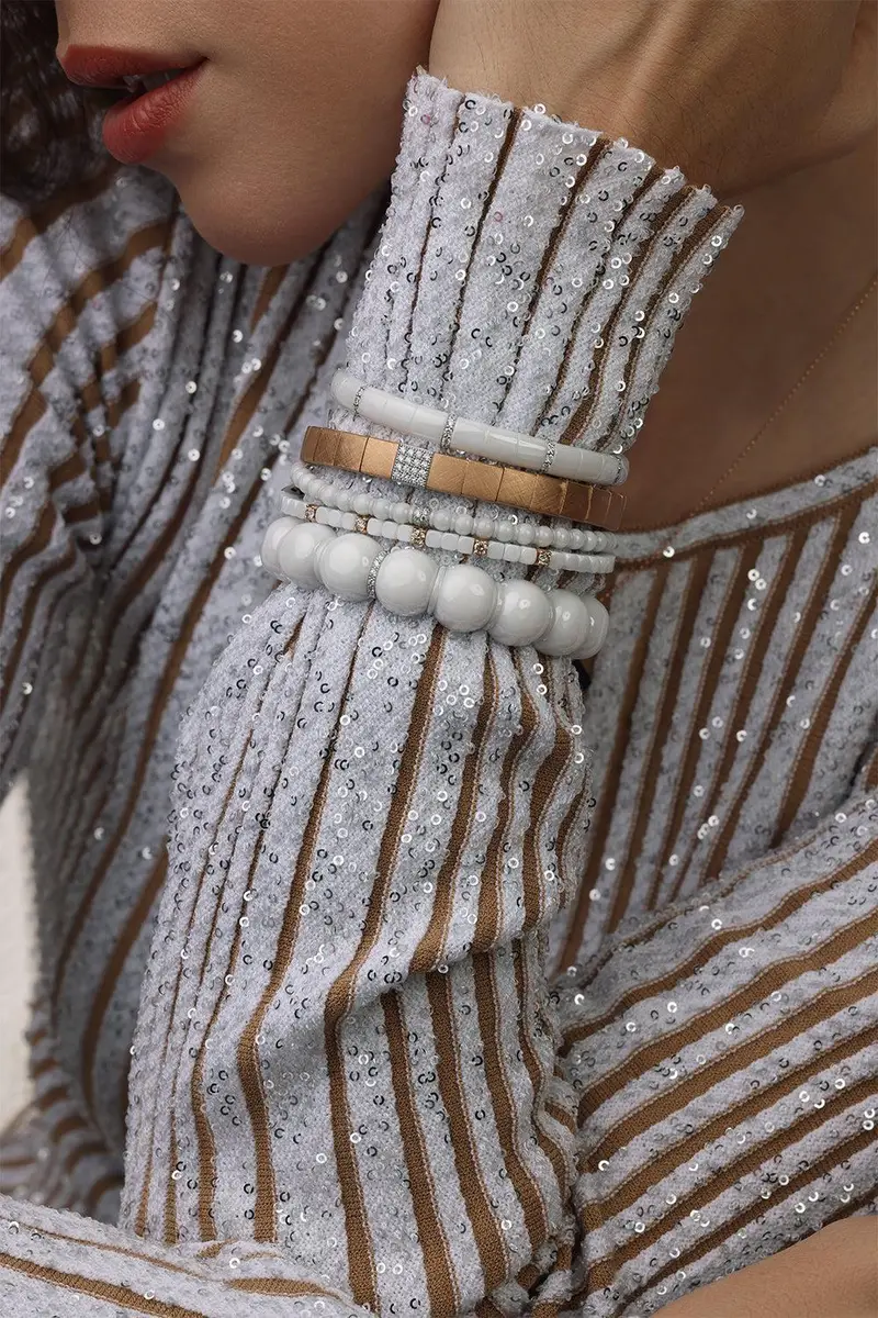 ROBERTO DEMEGLIO Nine Diamond Gold White Ceramic Pura Stretch Bracelet | Thumbnail 2 ROBERTO DEMEGLIO Nine Diamond Gold White Ceramic Pura Stretch Bracelet | Thumbnail 2