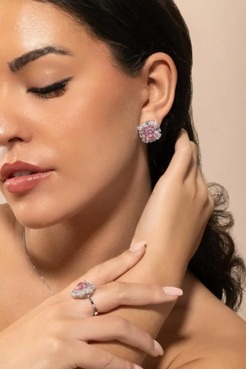 FANTASIA by DESERIO Pink Cushion Cut Chandelier Earrings | Thumbnail 4