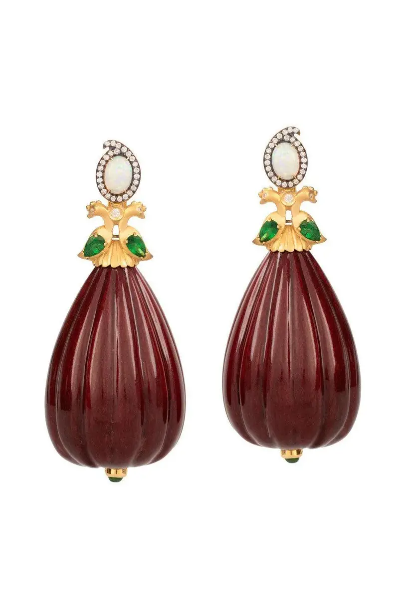 Silvia Furmanovich Tsavorite Opal Burgundy Lacquered Marquetry Wavey Teardrop Earrings | Image 1 Silvia Furmanovich Tsavorite Opal Burgundy Lacquered Marquetry Wavey Teardrop Earrings | Image 1