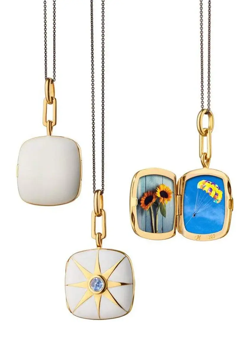MONICA RICH KOSANN White Enamel Blue Sapphire Cushion Locket Necklace | Image 1 MONICA RICH KOSANN White Enamel Blue Sapphire Cushion Locket Necklace | Image 1