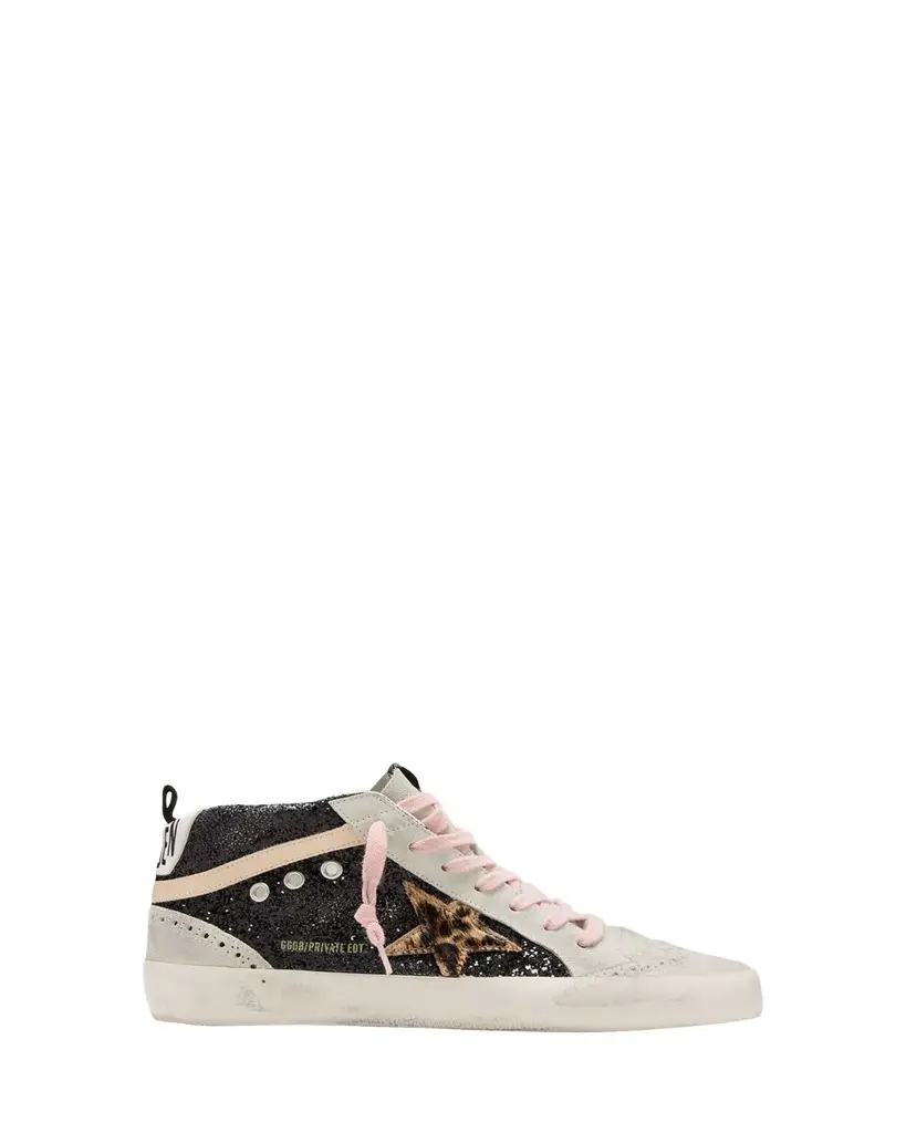 Golden Goose Mid Star Glitter Leopard Wing-Tip Sneakers | Image 1 Golden Goose Mid Star Glitter Leopard Wing-Tip Sneakers | Image 1