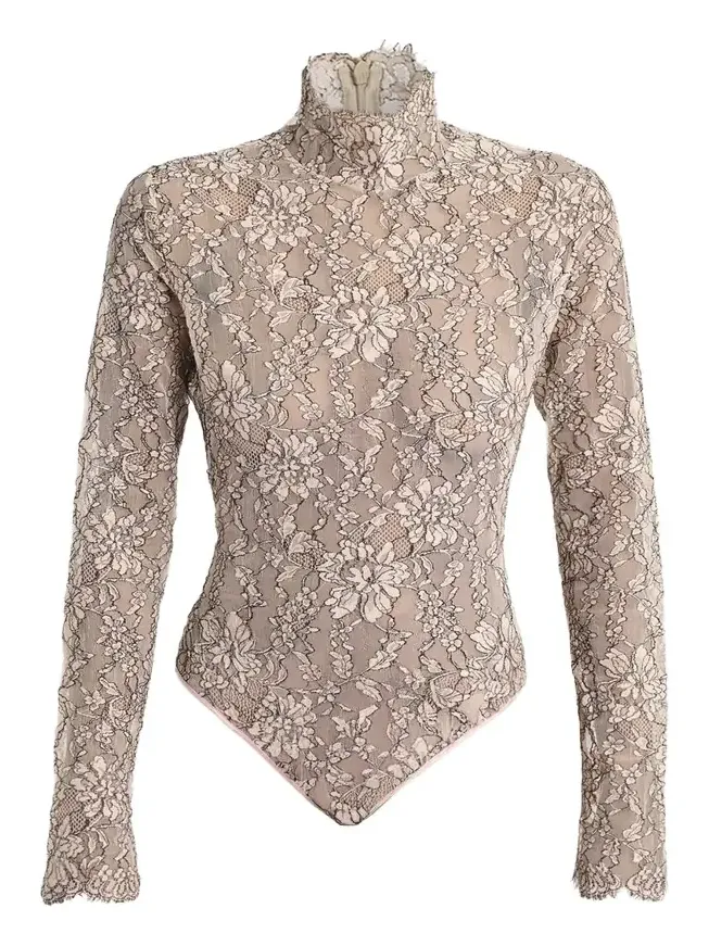 Mock-Neck Lace Jersey Long-Sleeve Bodysuit