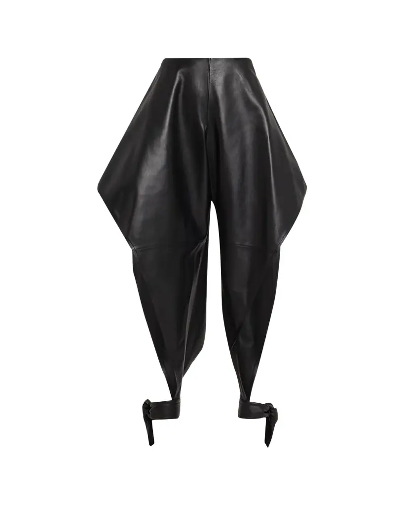 ALAÏA Leather Pointed Ruffle Ankle-Tie Pants | Image 1 ALAÏA Leather Pointed Ruffle Ankle-Tie Pants | Image 1